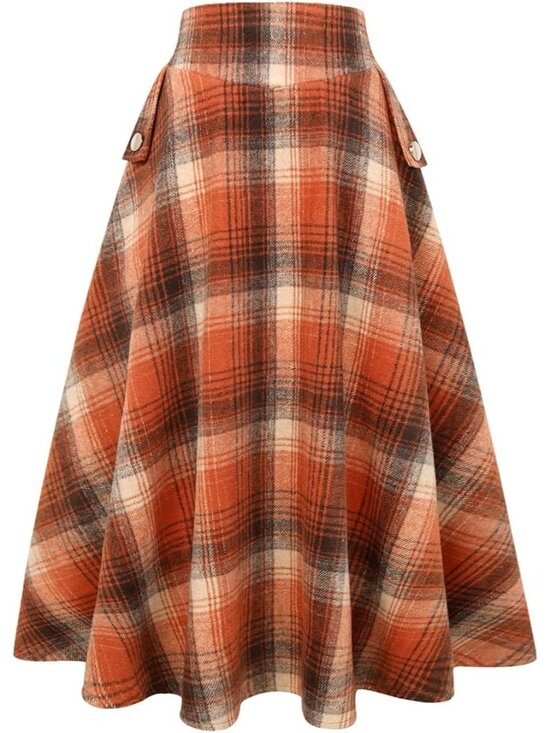 Dresses & Skirts - Women's Plaid Orange Fall Winter High Waisted Wool Plaid A-line Long Maxi Skirt